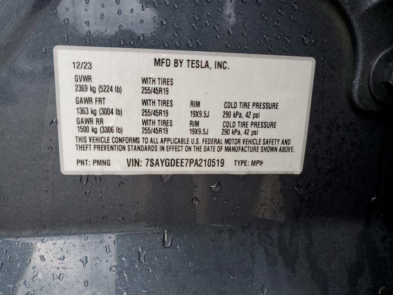 2023 TESLA MODEL Y VIN:7SAYGDEE7PA210519