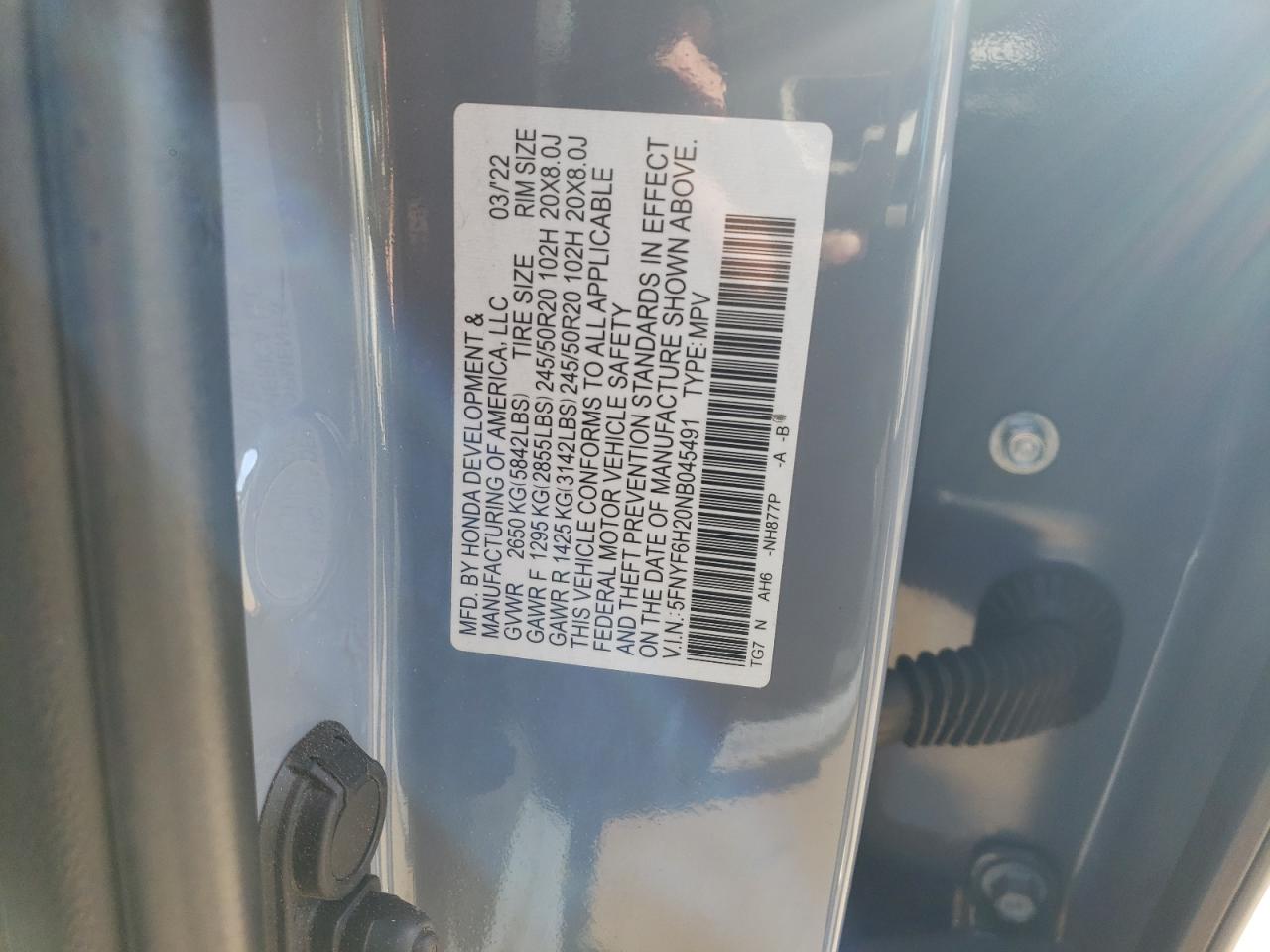 2022 HONDA PILOT SE VIN:5FNYF6H20NB045491