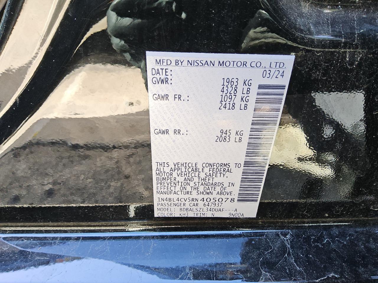 2024 NISSAN ALTIMA SR VIN:1N4BL4CV5RN405078