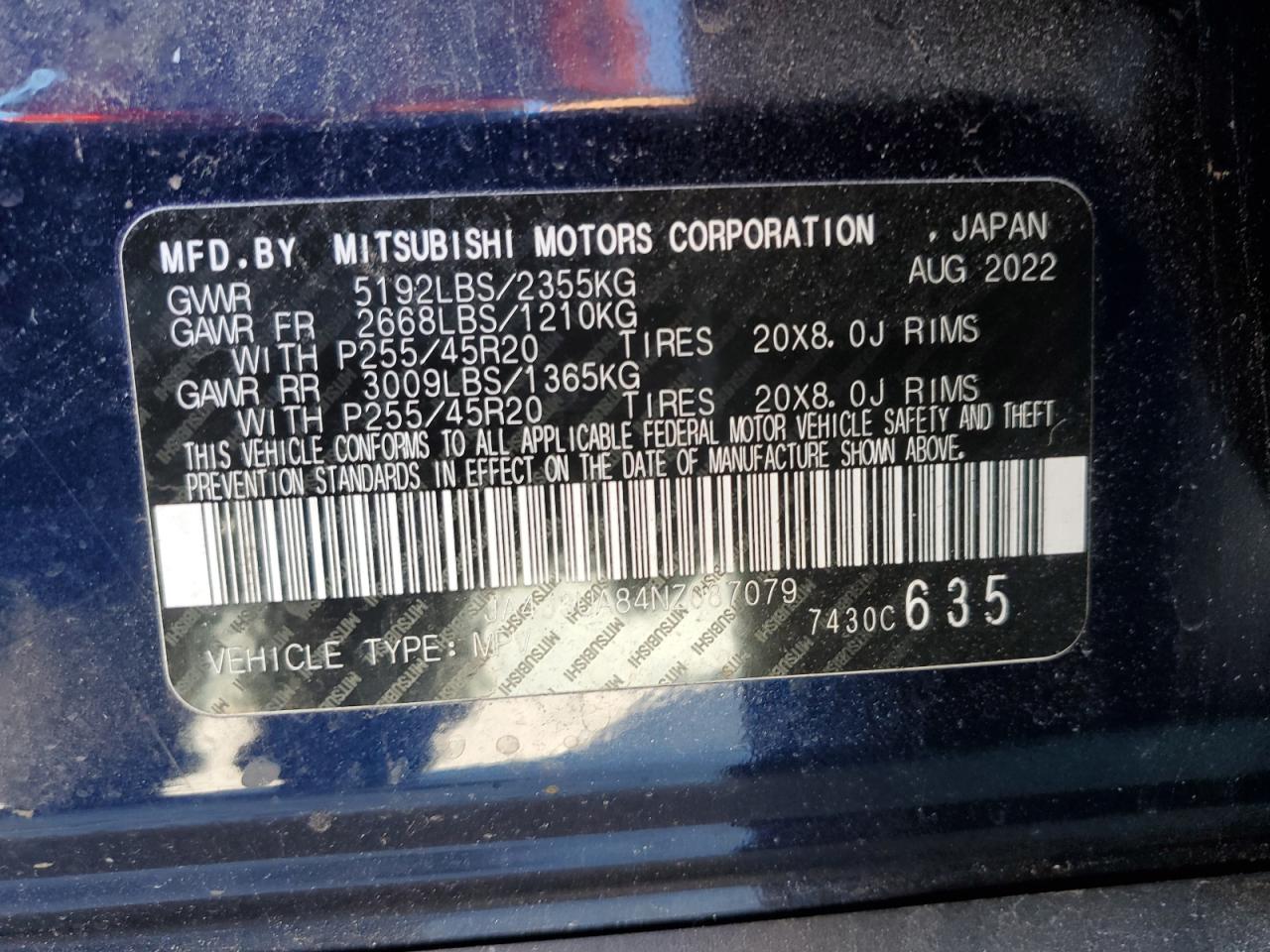 2022 MITSUBISHI OUTLANDER SE VIN:JA4J3UA84NZ087079
