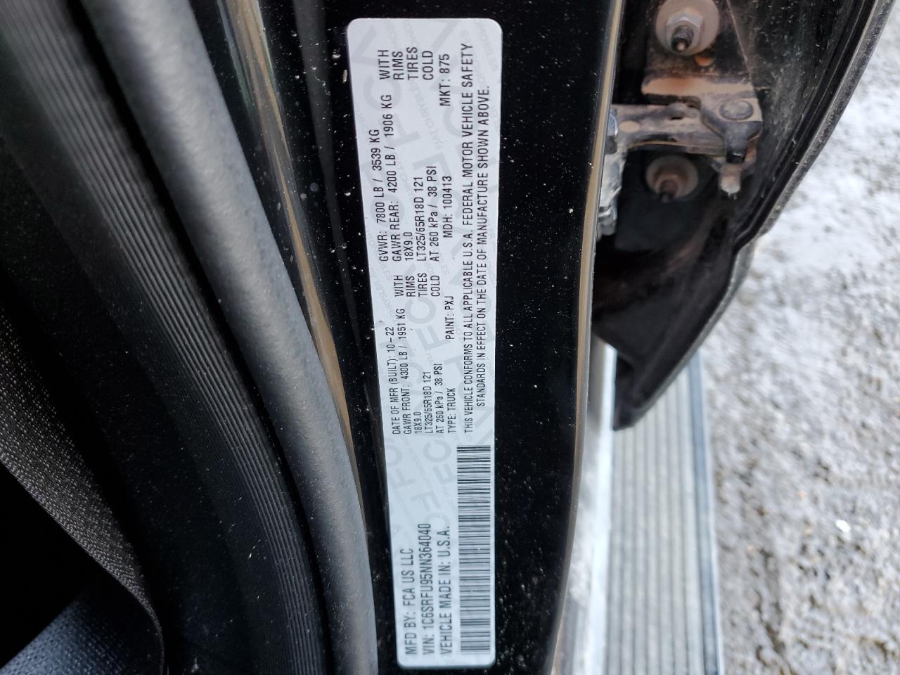 2022 RAM 1500 TRX VIN:1C6SRFU95NN364040