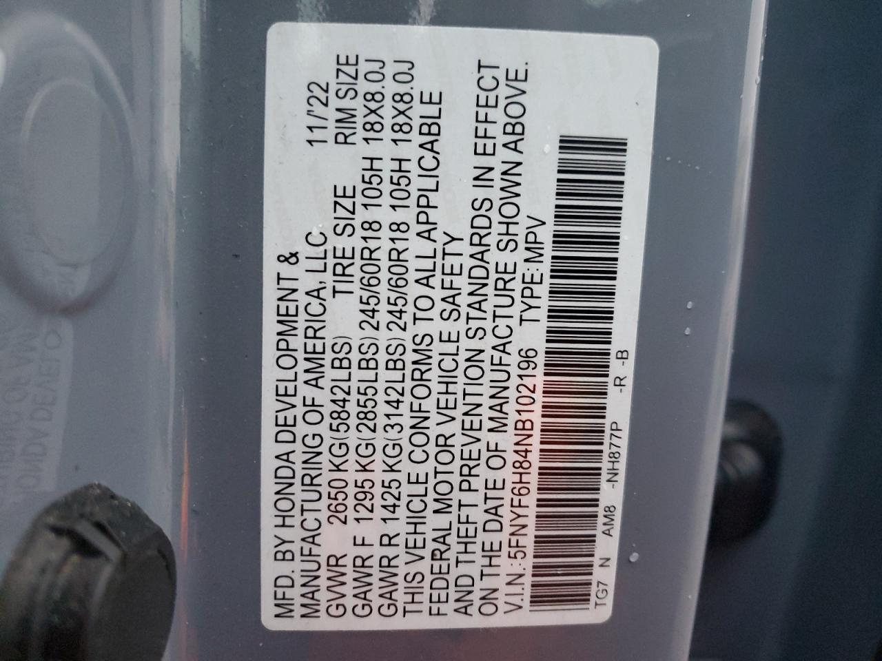 2022 HONDA PILOT TRAILSPORT VIN:5FNYF6H84NB102196