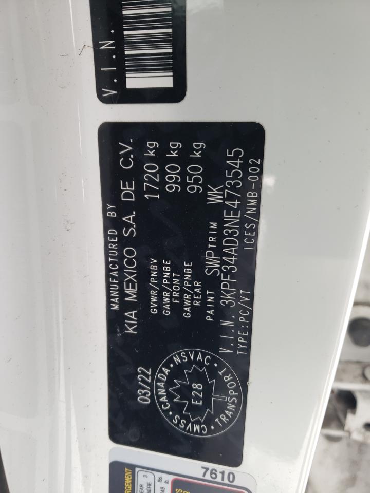 2022 KIA FORTE GT LINE VIN:3KPF34AD3NE473545