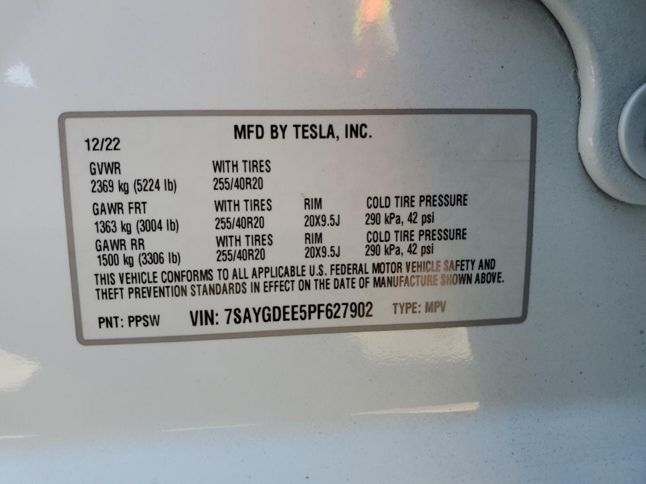2023 TESLA MODEL Y VIN:7SAYGDEE5PF627902