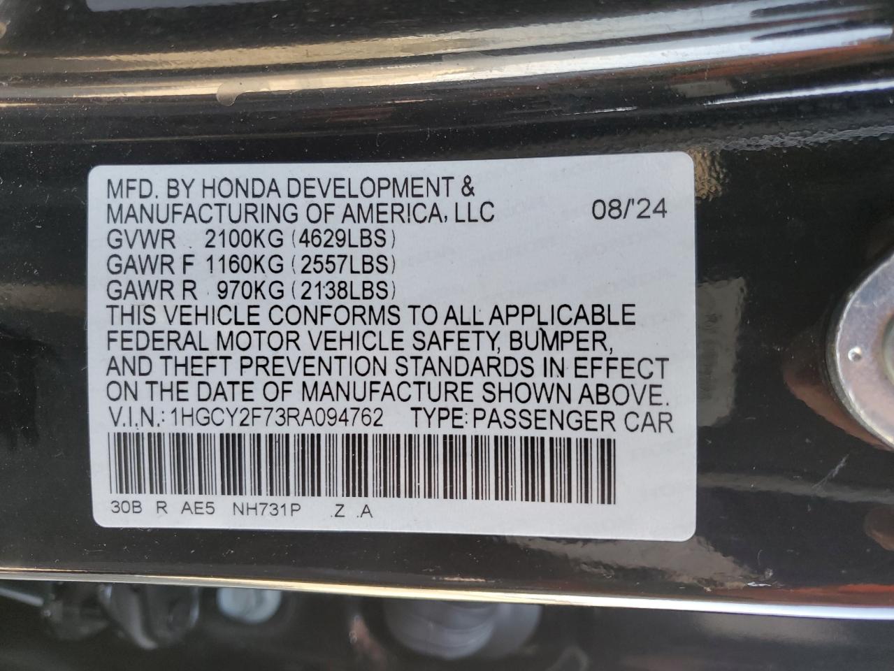 2024 HONDA ACCORD HYBRID SPORT-L VIN:1HGCY2F73RA094762