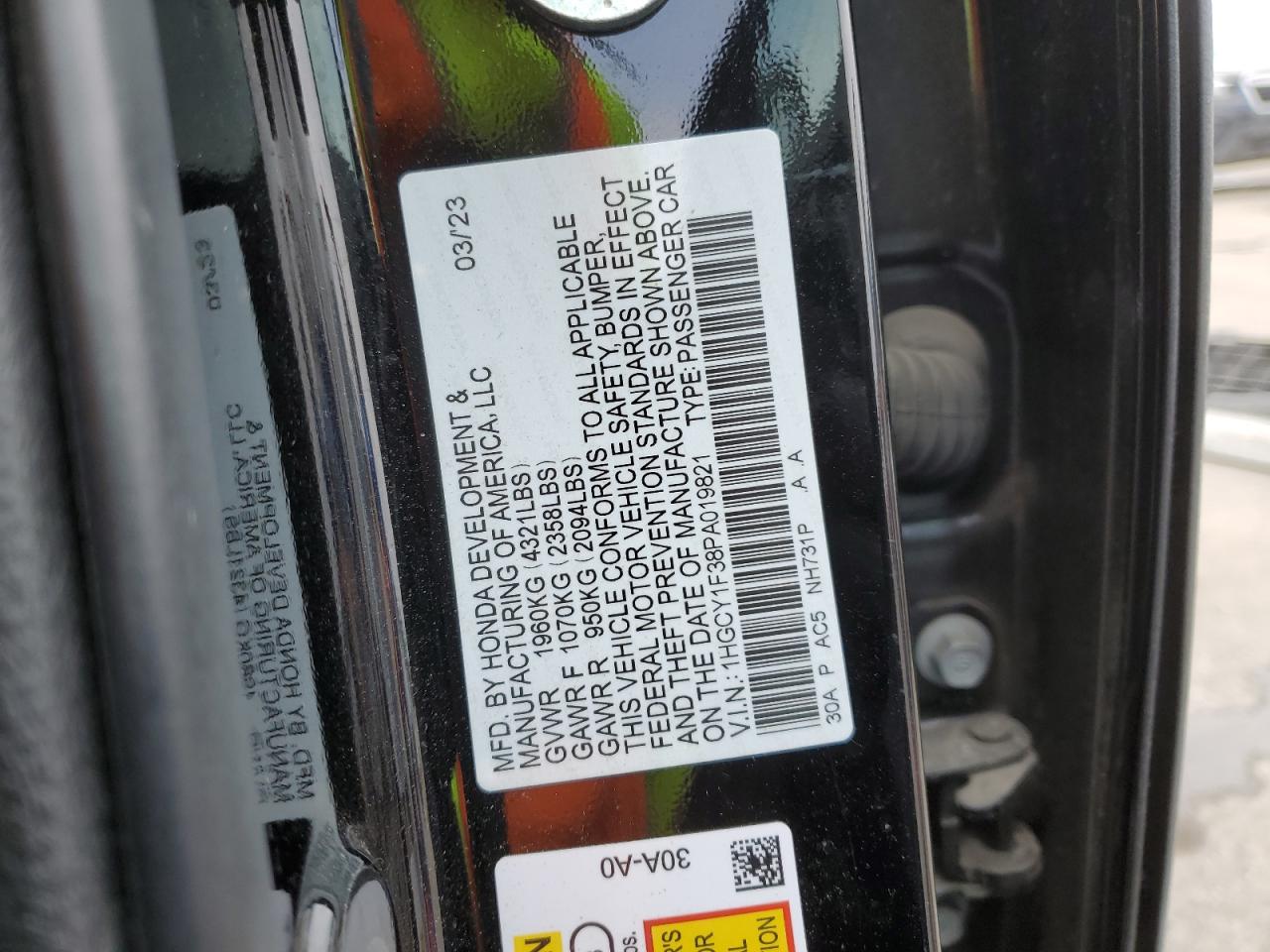 2023 HONDA ACCORD EX VIN:1HGCY1F38PA019821