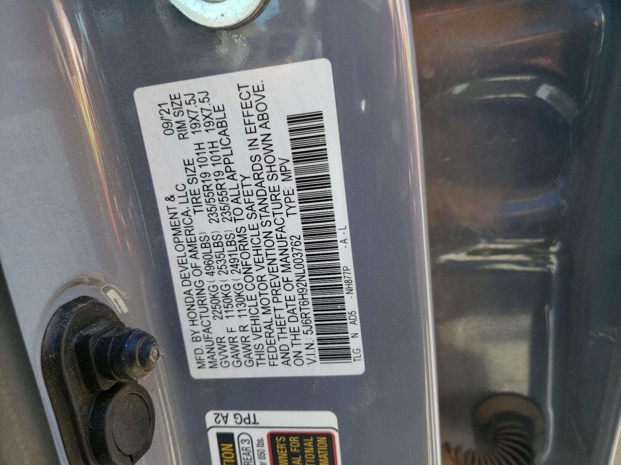 2022 HONDA CR-V TOURING VIN:5J6RT6H92NL003762