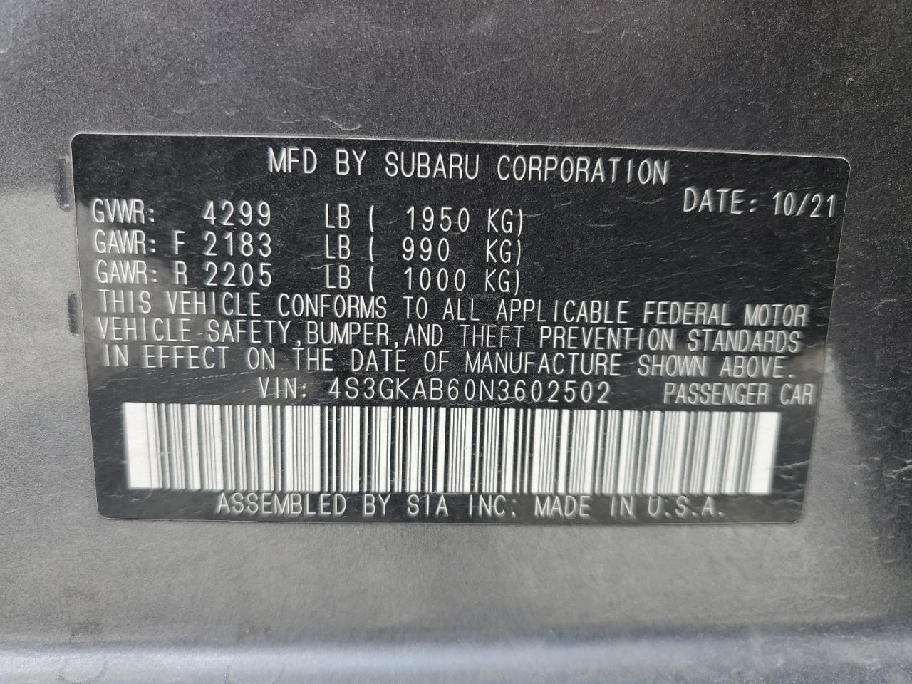 2022 SUBARU IMPREZA VIN:4S3GKAB60N3602502