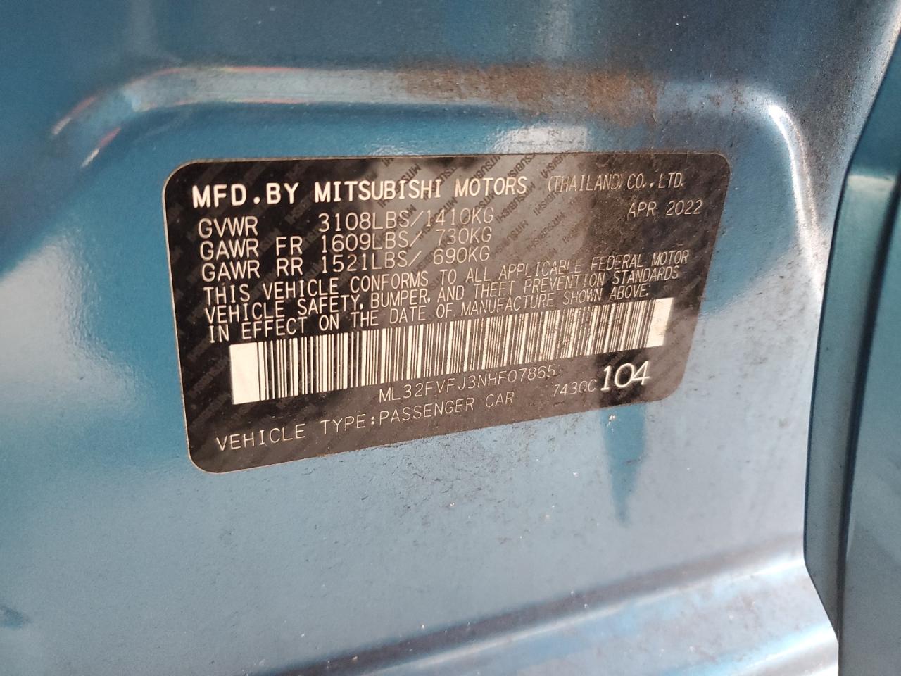 2022 MITSUBISHI MIRAGE G4 SE VIN:ML32FVFJ3NHF07865