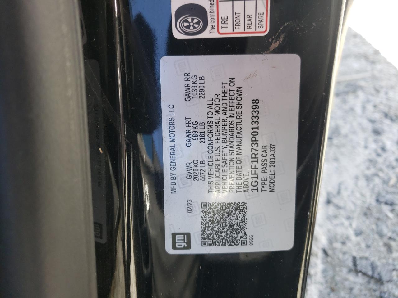 2023 CHEVROLET CAMARO LT1 VIN:1G1FF1R73P0133398