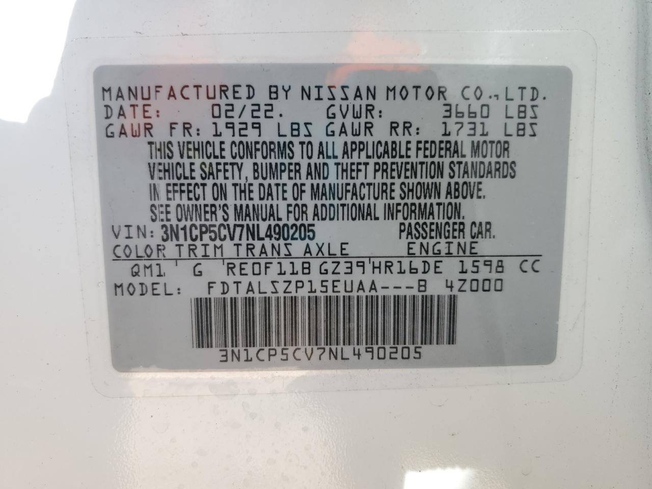 2022 NISSAN KICKS SV VIN:3N1CP5CV7NL490205