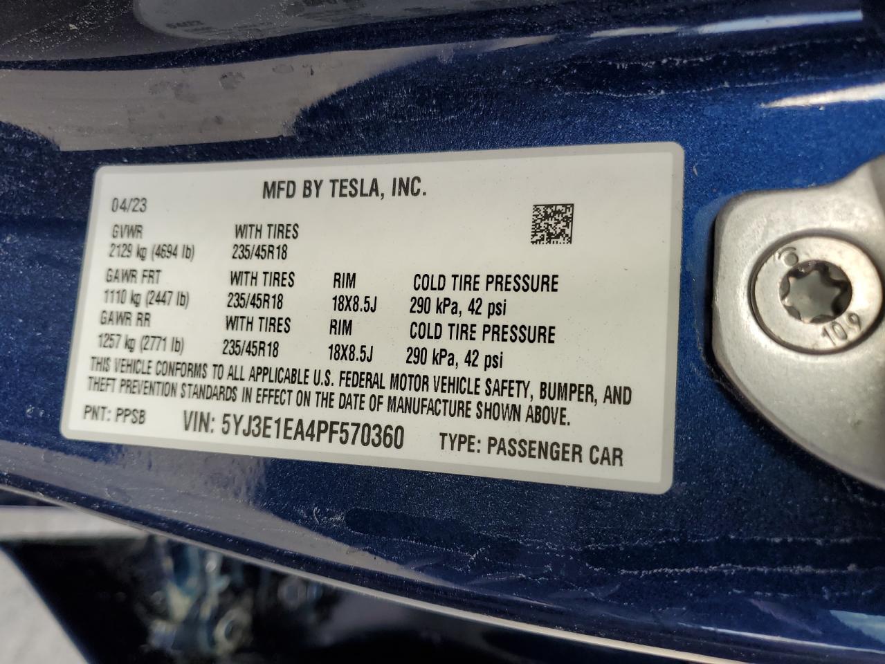 2023 TESLA MODEL 3 VIN:5YJ3E1EA4PF570360
