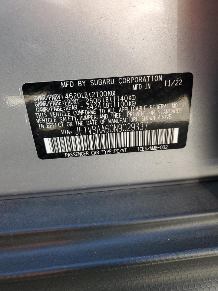 2022 SUBARU WRX VIN:JF1VBAA60N9029337