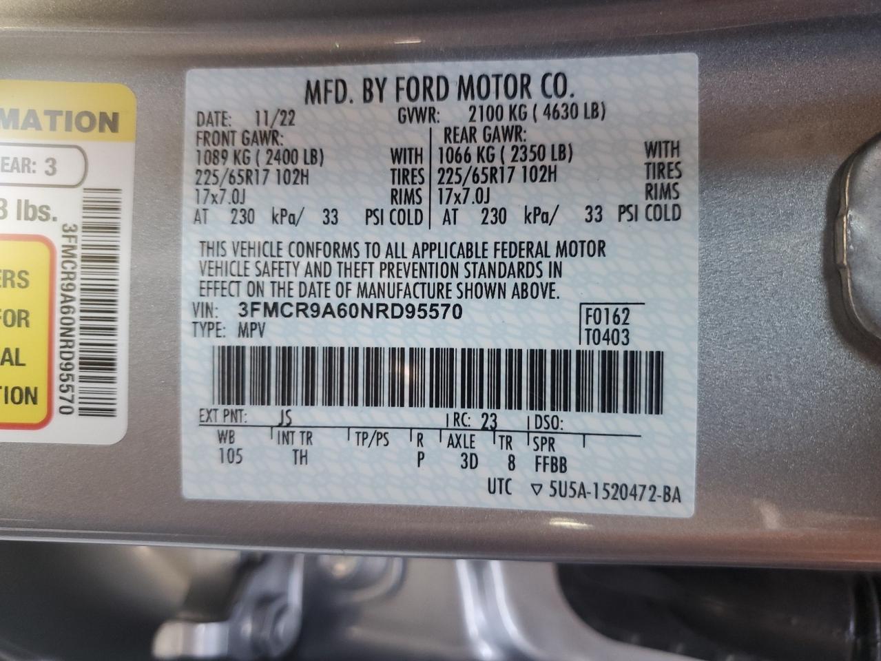 2022 FORD BRONCO SPORT VIN:3FMCR9A60NRD95570