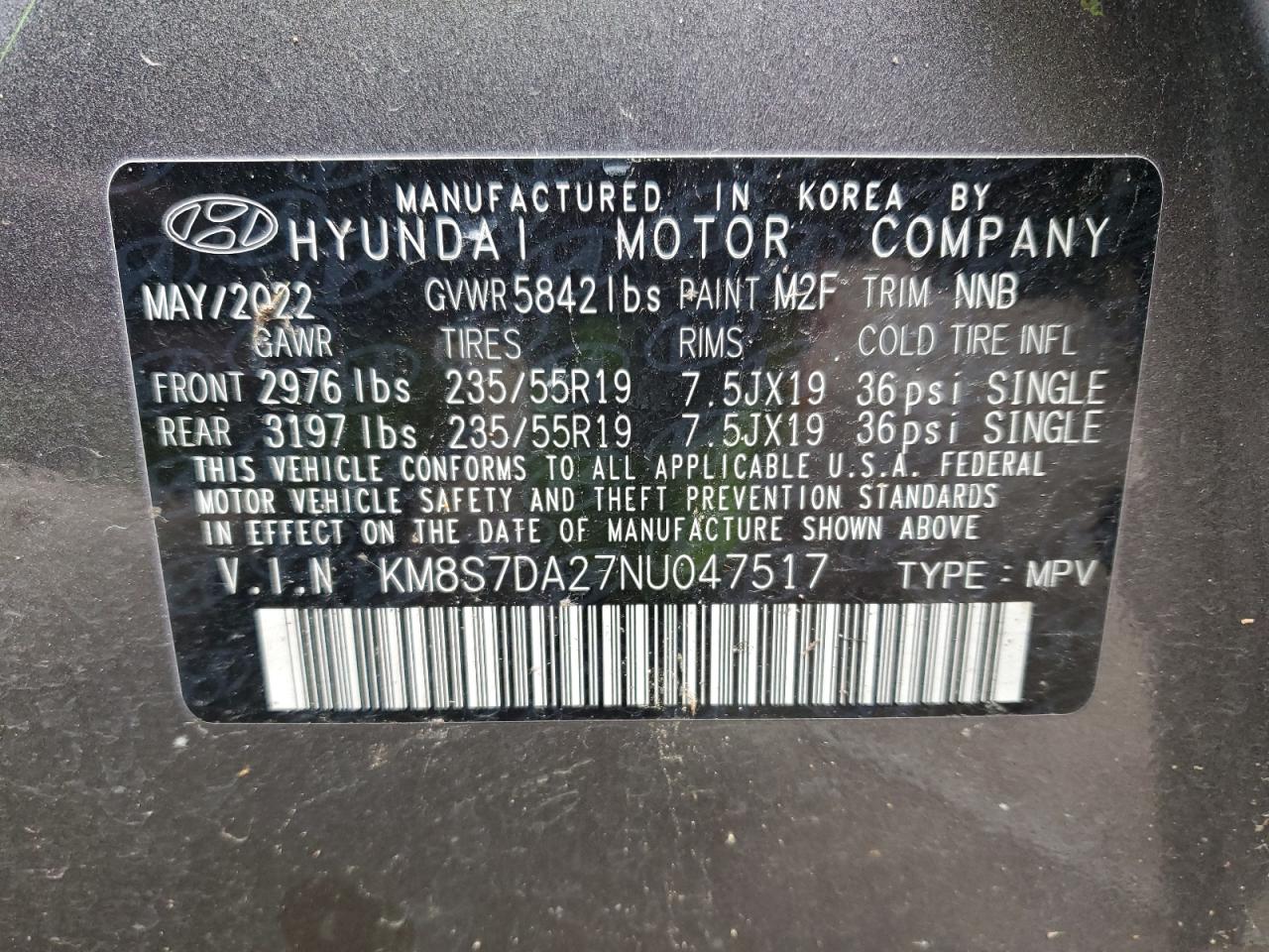 2022 HYUNDAI SANTA FE LIMITED VIN:KM8S7DA27NU047517