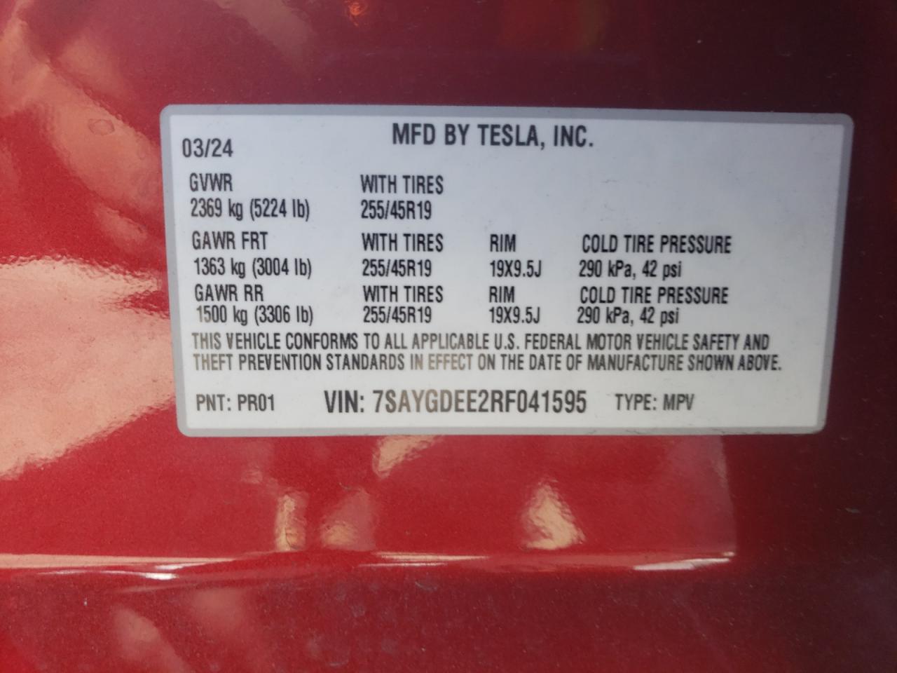 2024 TESLA MODEL Y VIN:7SAYGDEE2RF041595