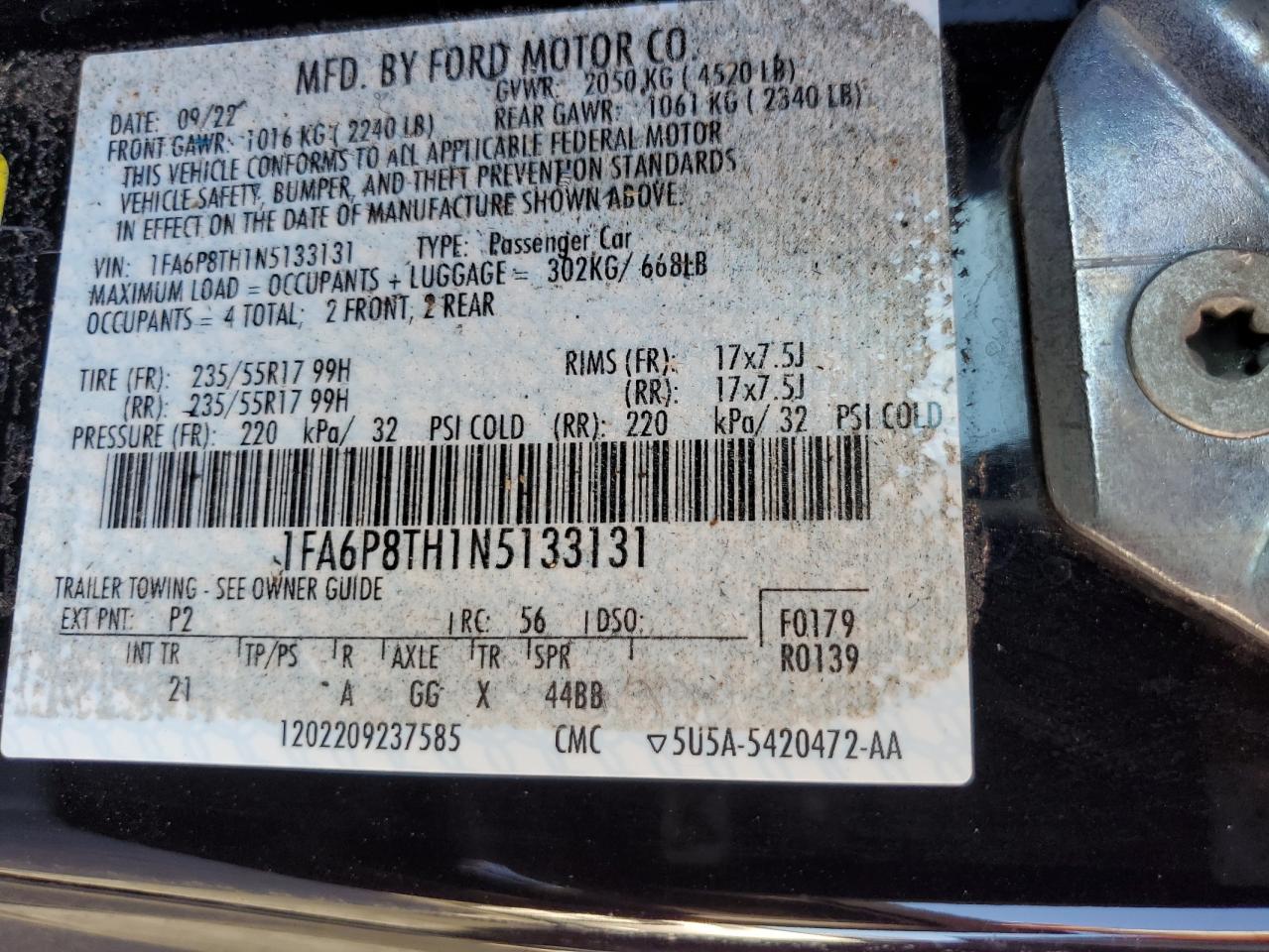 2022 FORD MUSTANG VIN:1FA6P8TH1N5133131