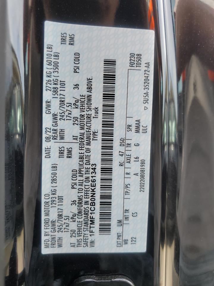2022 FORD F150 VIN:1FTMF1CB0NKE61343