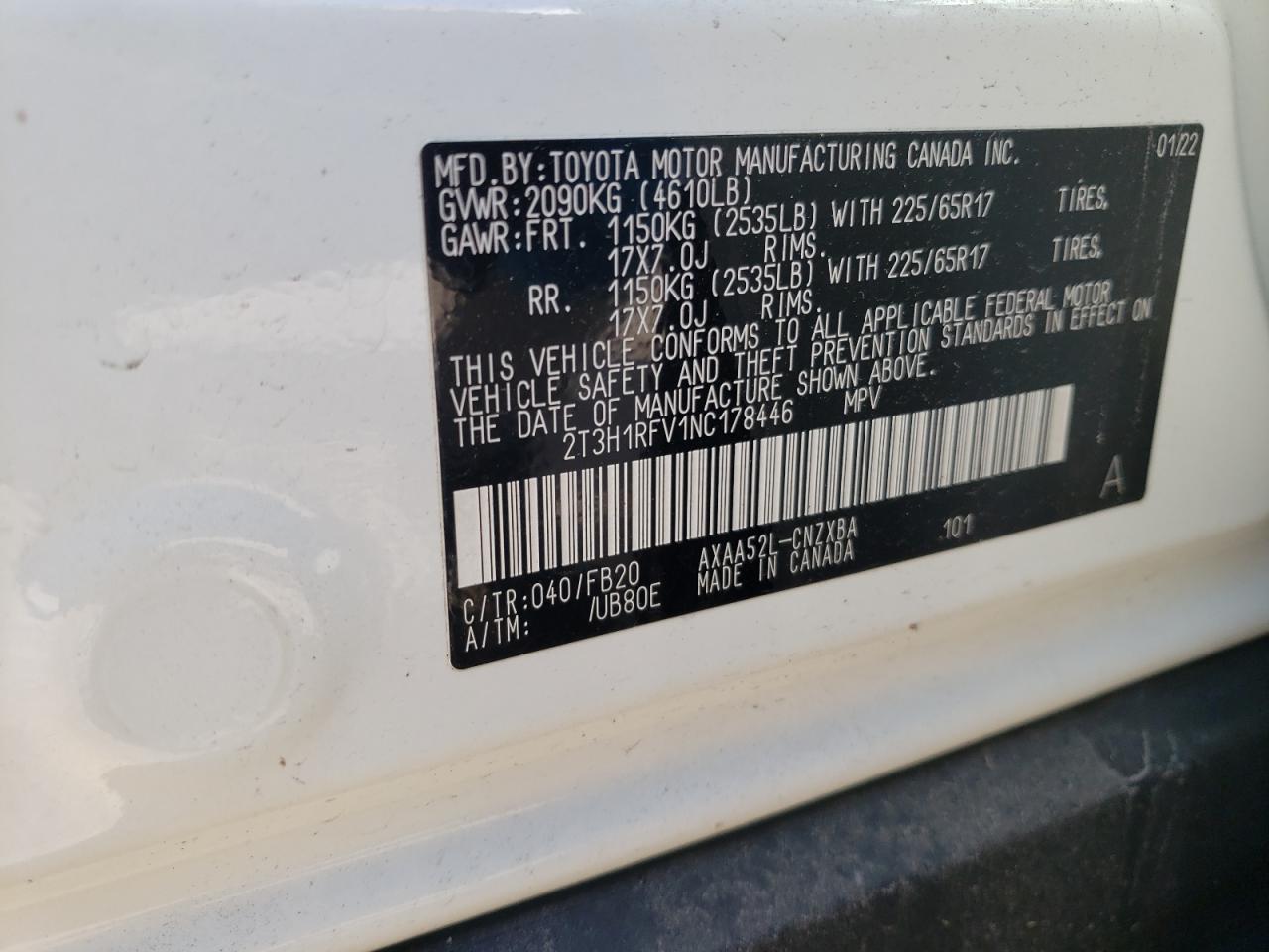 2022 TOYOTA RAV4 LE VIN:2T3H1RFV1NC178446