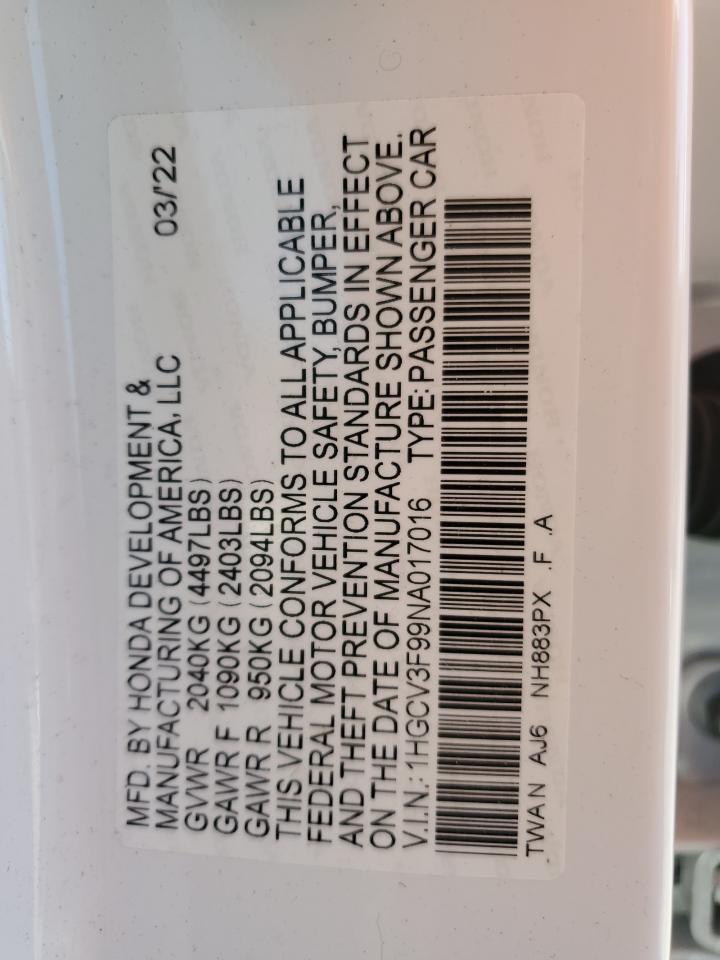 2022 HONDA ACCORD TOURING HYBRID VIN:1HGCV3F99NA017016