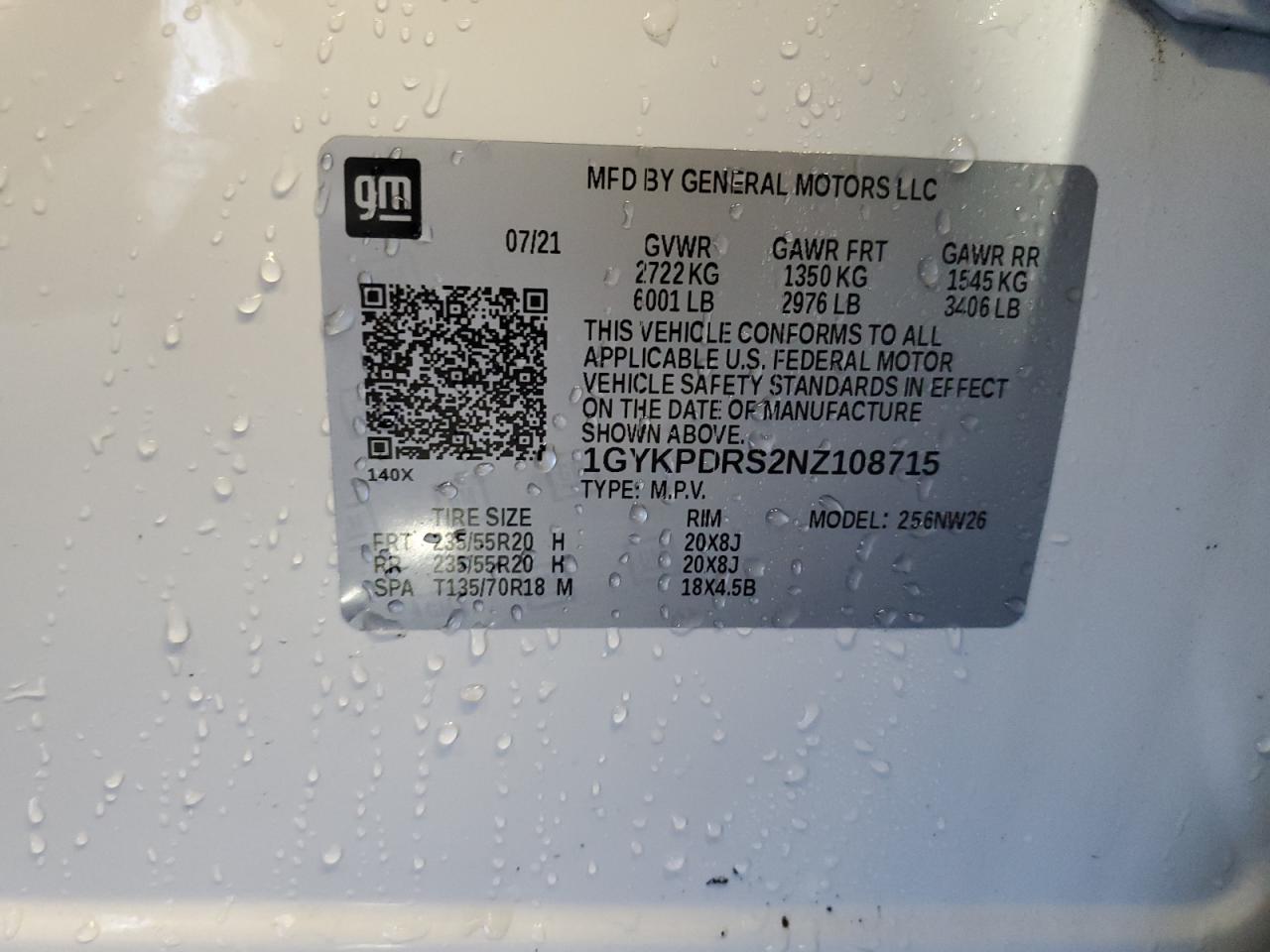 2022 CADILLAC XT6 PREMIUM LUXURY VIN:1GYKPDRS2NZ108715