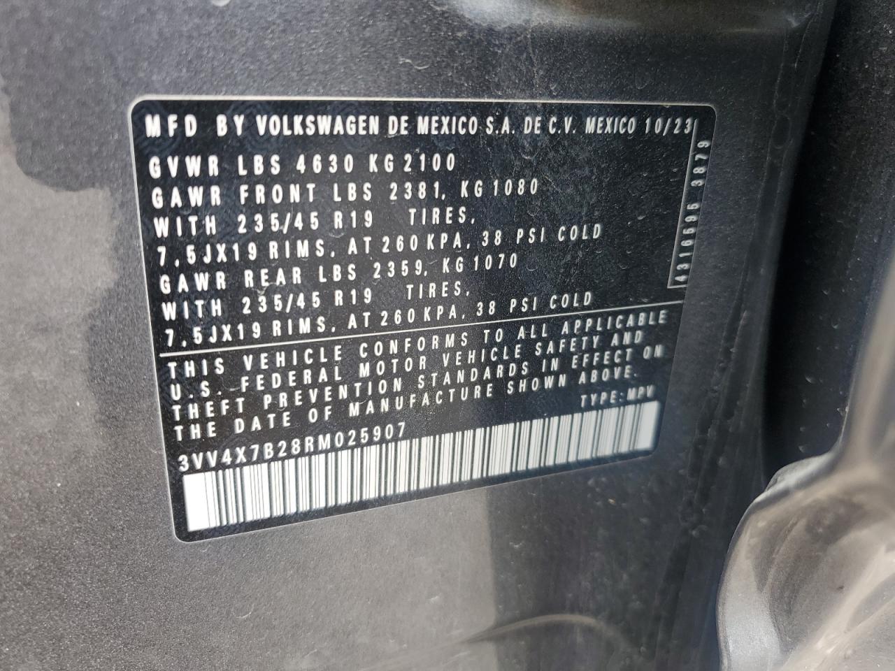 2024 VOLKSWAGEN TAOS SEL VIN:3VV4X7B28RM025907