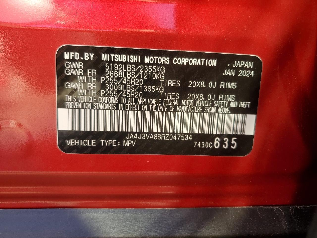 2024 MITSUBISHI OUTLANDER SE VIN:JA4J3VA86RZ047534