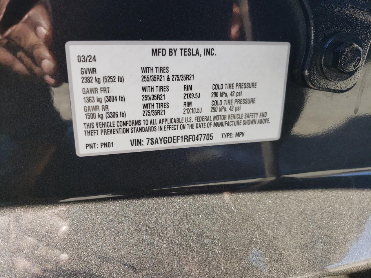 2024 TESLA MODEL Y VIN:7SAYGDEF1RF047705