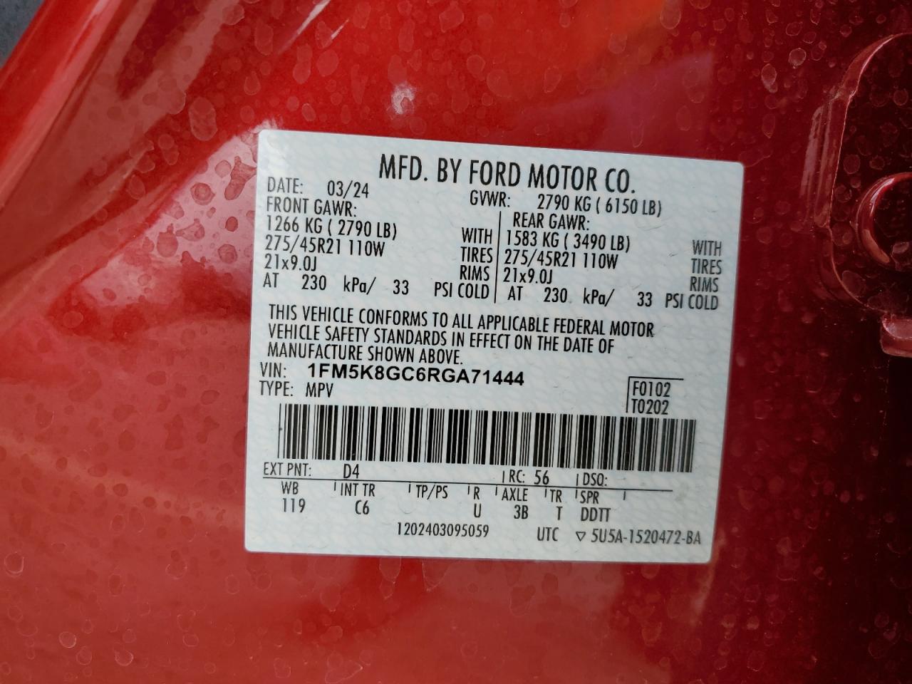 2024 FORD EXPLORER ST VIN:1FM5K8GC6RGA71444