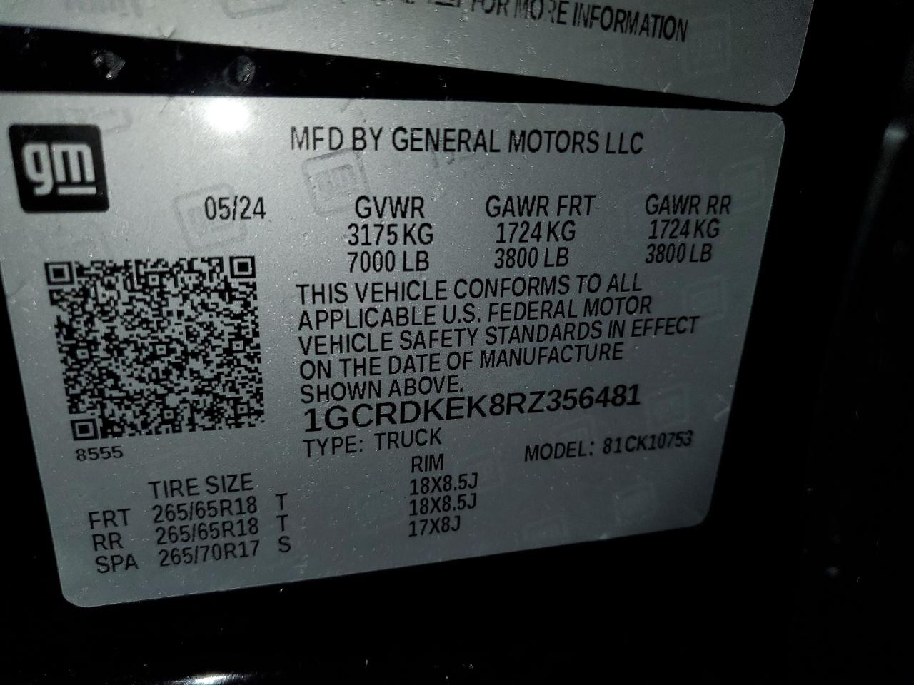 2024 CHEVROLET SILVERADO K1500 LT-L VIN:1GCRDKEK8RZ356481