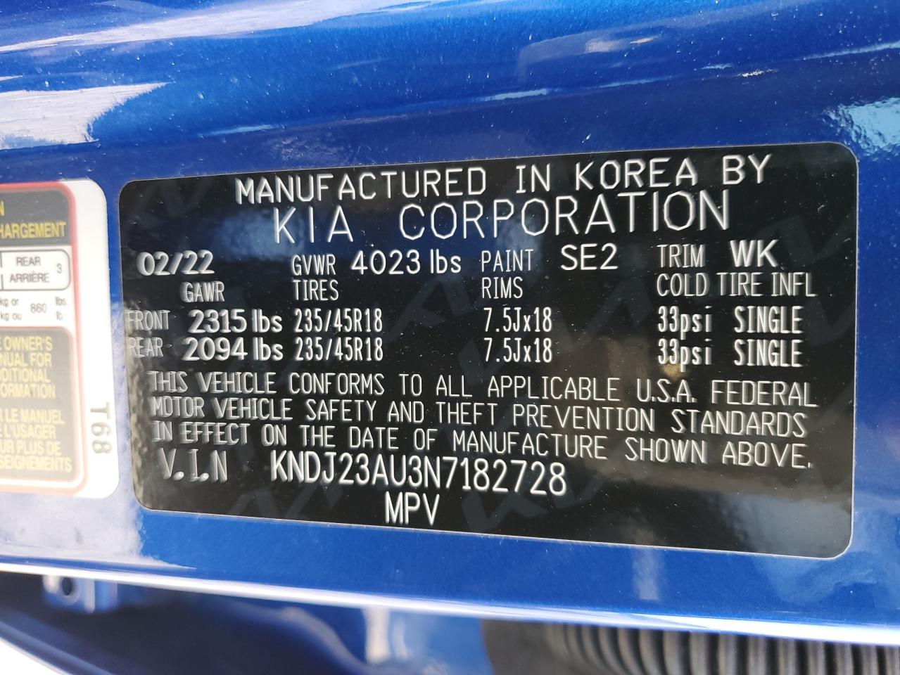 2022 KIA SOUL LX VIN:KNDJ23AU3N7182728