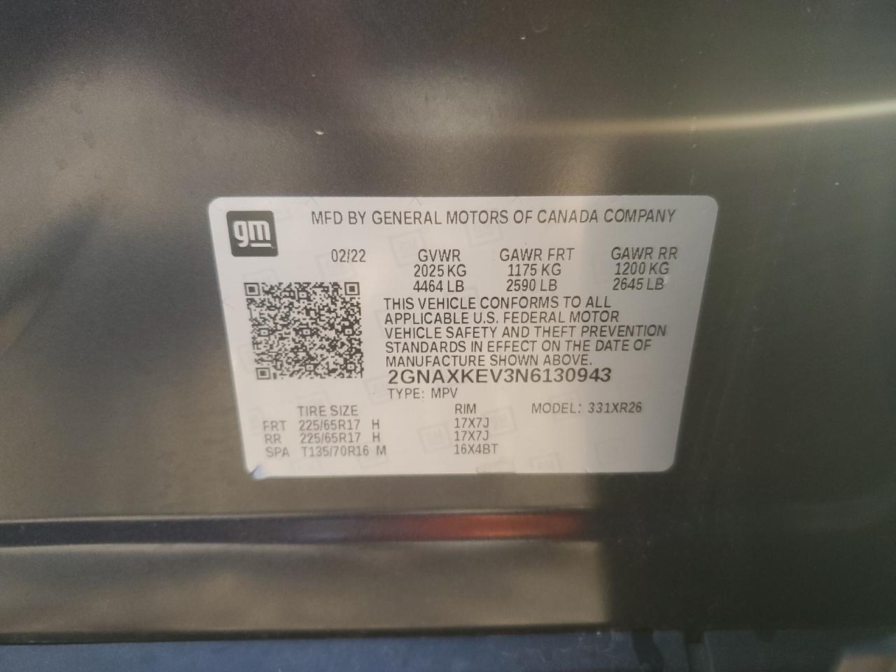 2022 CHEVROLET EQUINOX LT VIN:2GNAXKEV3N6130943