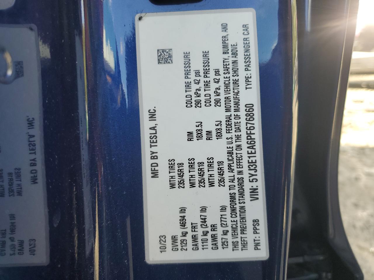 2023 TESLA MODEL 3 VIN:5YJ3E1EA6PF676860
