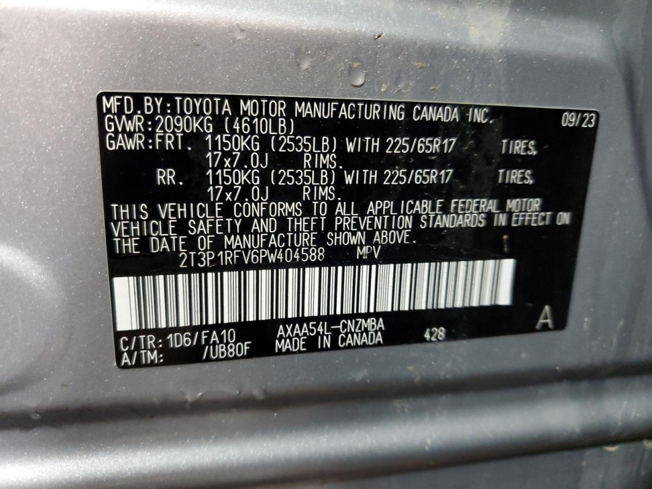 2023 TOYOTA RAV4 XLE VIN:2T3P1RFV6PW404588