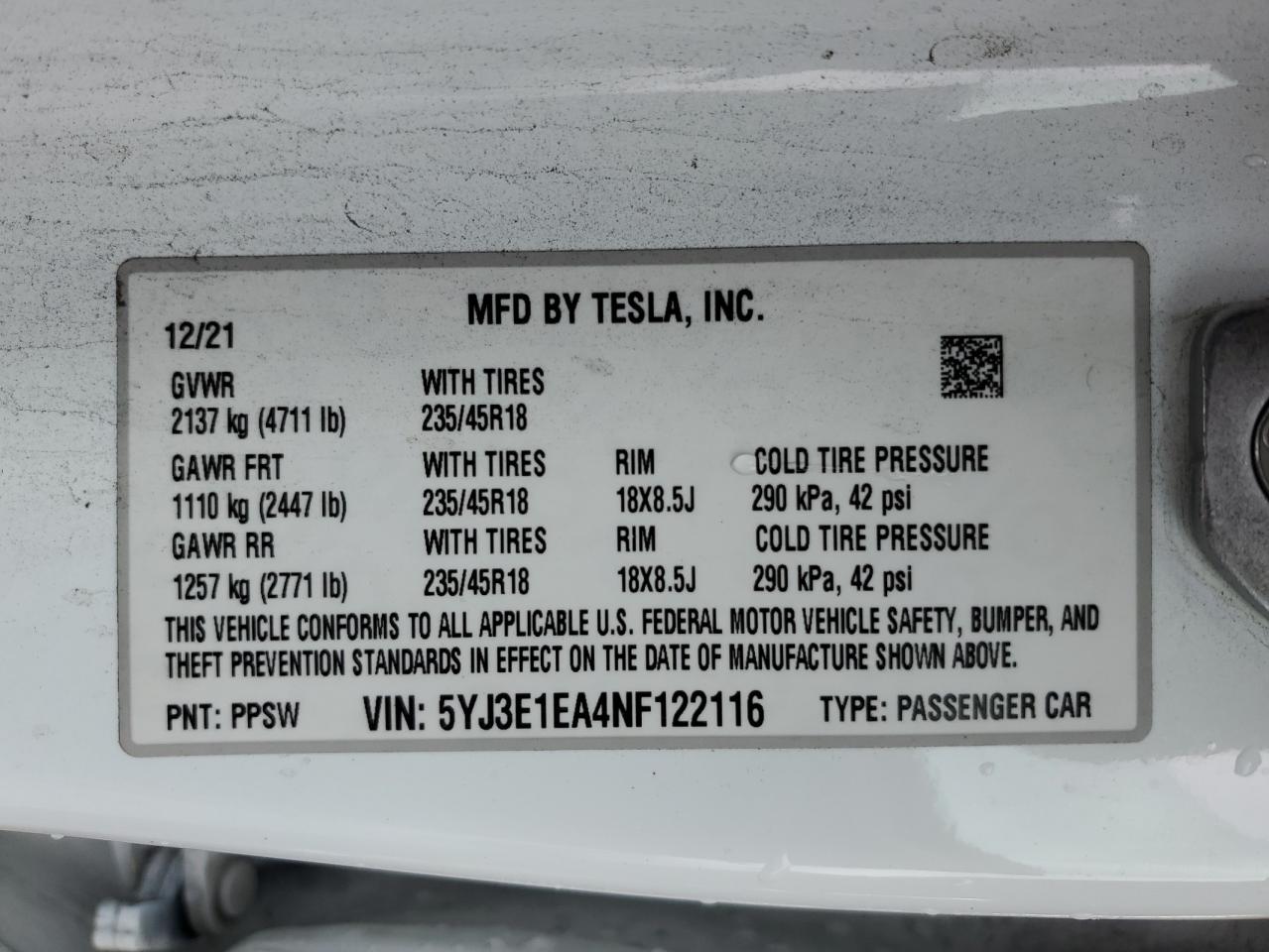 2022 TESLA MODEL 3 VIN:5YJ3E1EA4NF122116