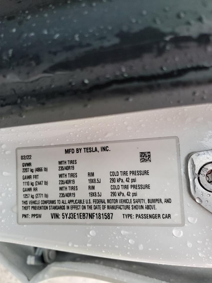 2022 TESLA MODEL 3 VIN:5YJ3E1EB7NF181587