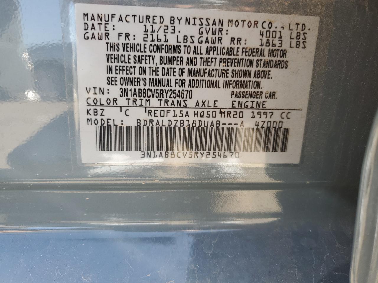 2024 NISSAN SENTRA SV VIN:3N1AB8CV5RY254670