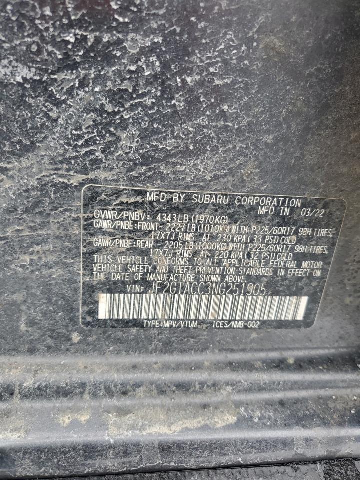 2022 SUBARU CROSSTREK PREMIUM VIN:JF2GTACC3NG251905