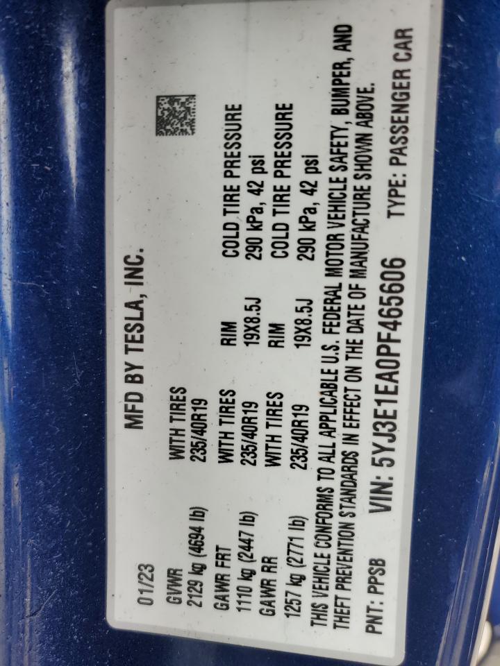 2023 TESLA MODEL 3 VIN:5YJ3E1EA0PF465606