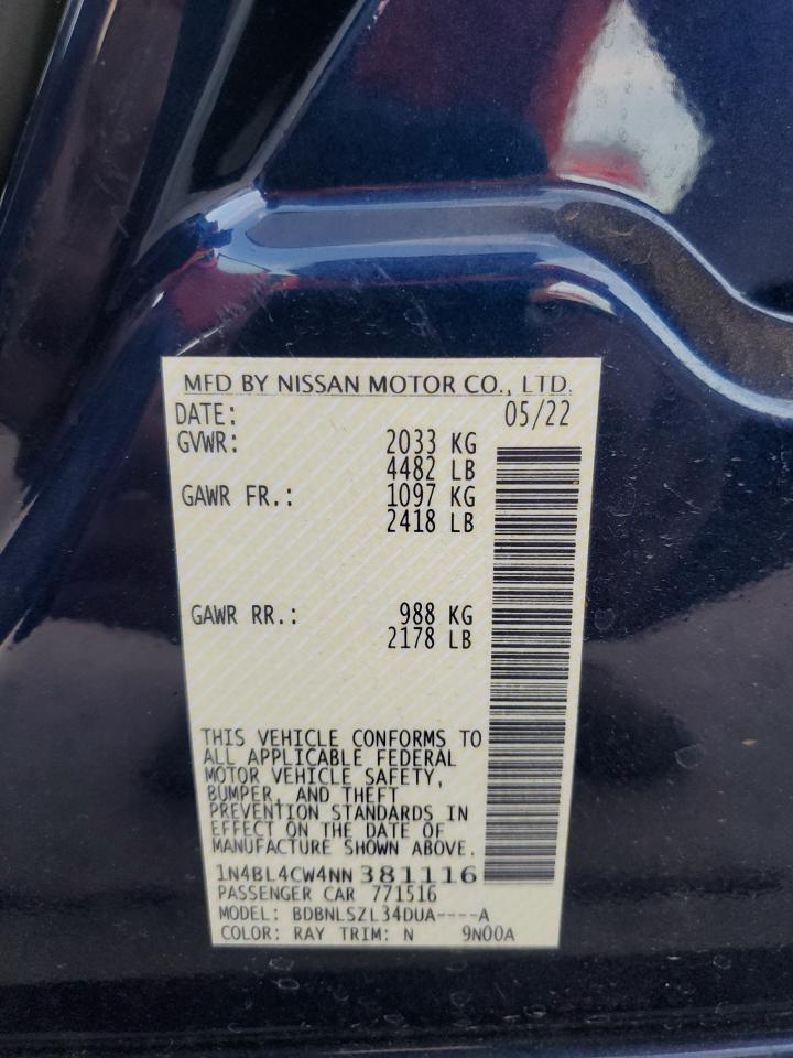 2022 NISSAN ALTIMA SR VIN:1N4BL4CW4NN381116