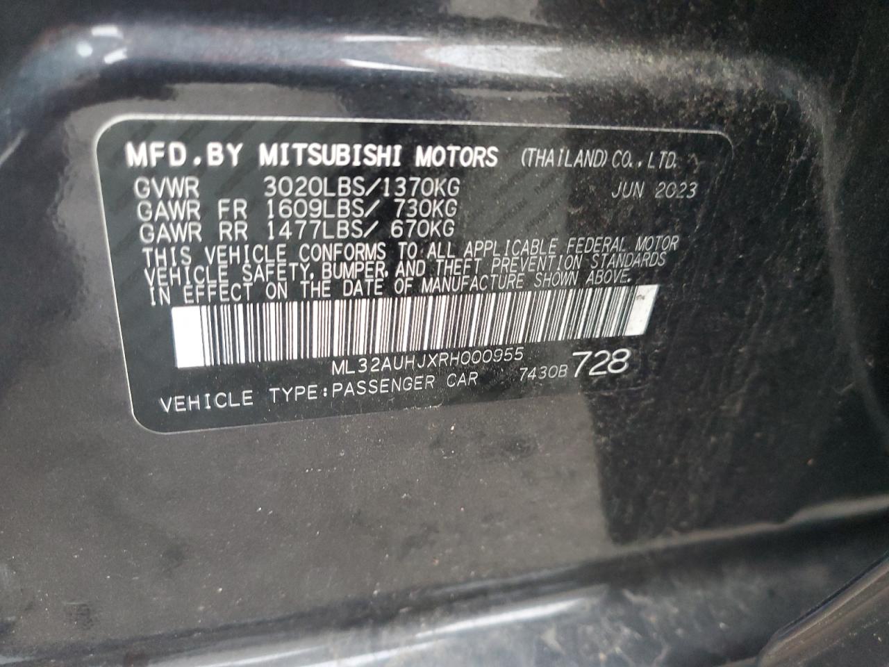 2024 MITSUBISHI MIRAGE ES VIN:ML32AUHJXRH000955