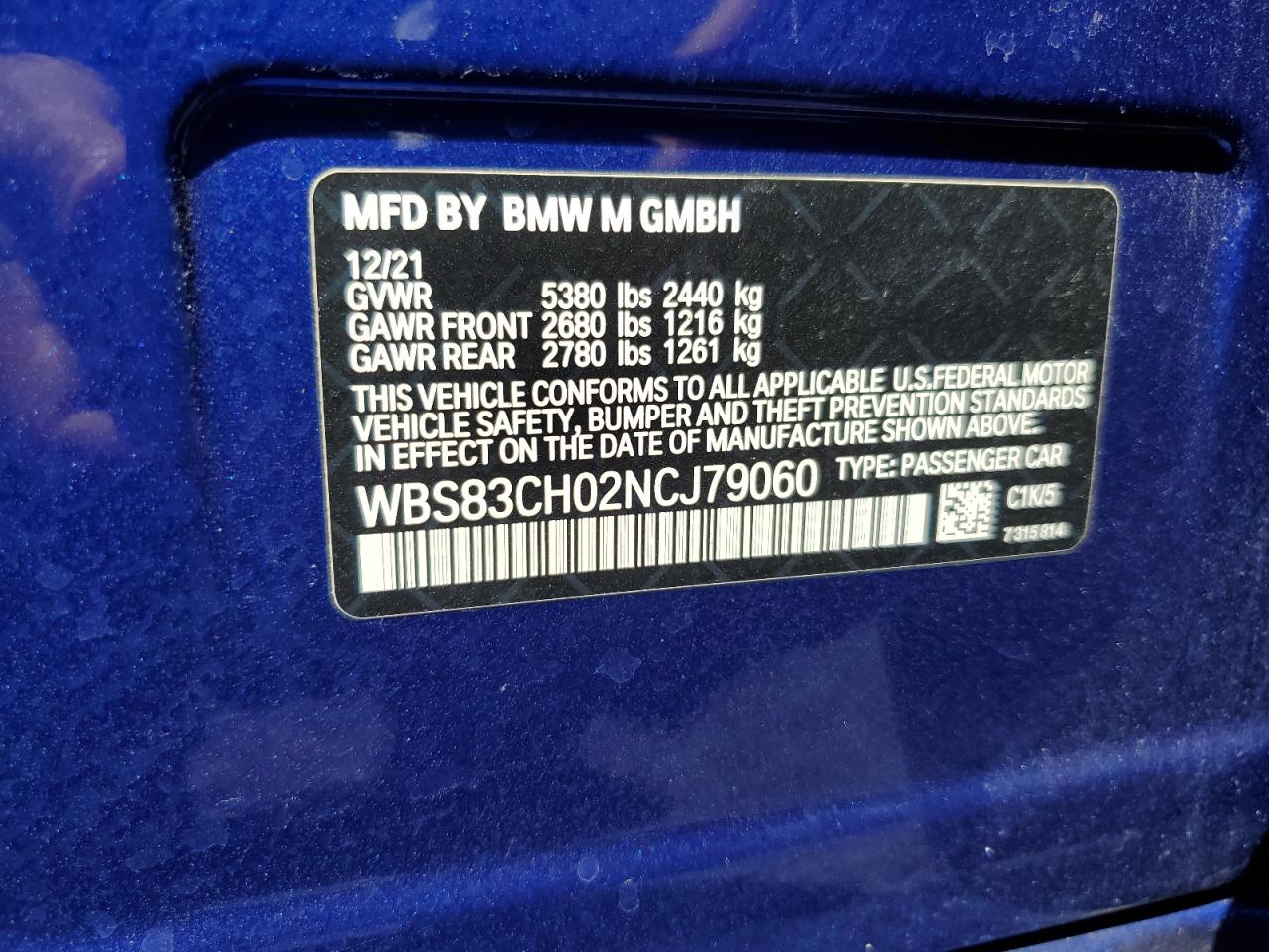 2022 BMW M5 VIN:WBS83CH02NCJ79060