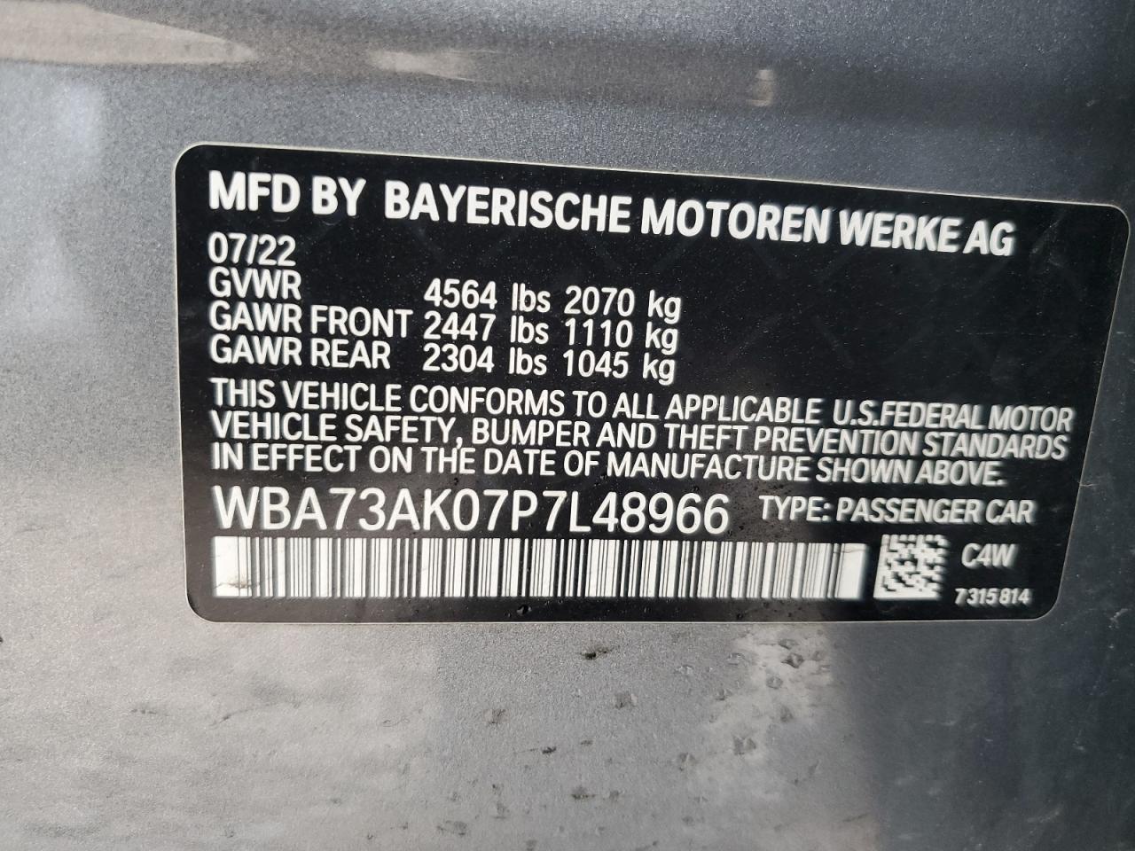 2023 BMW 228XI VIN:WBA73AK07P7L48966