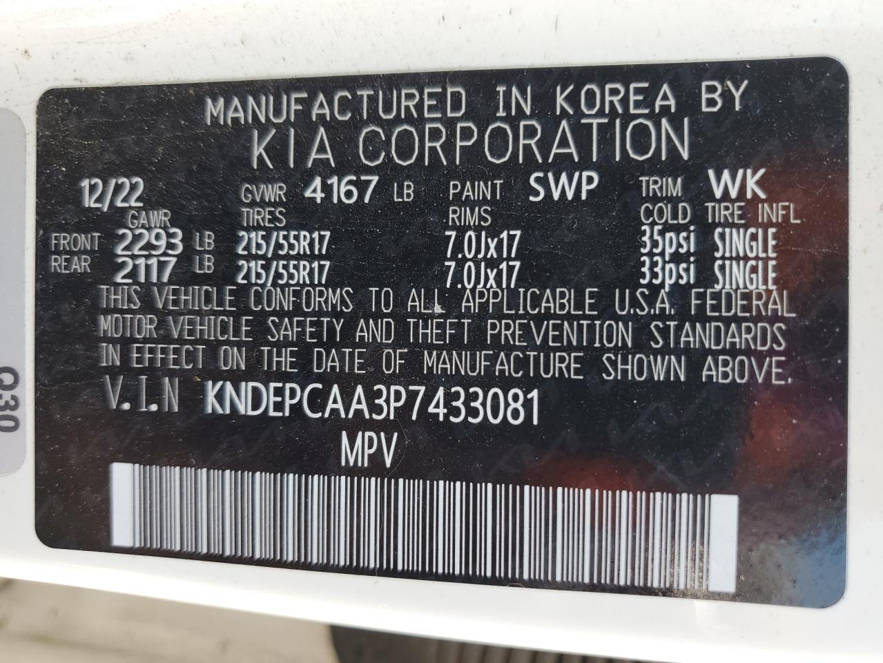 2023 KIA SELTOS LX VIN:KNDEPCAA3P7433081