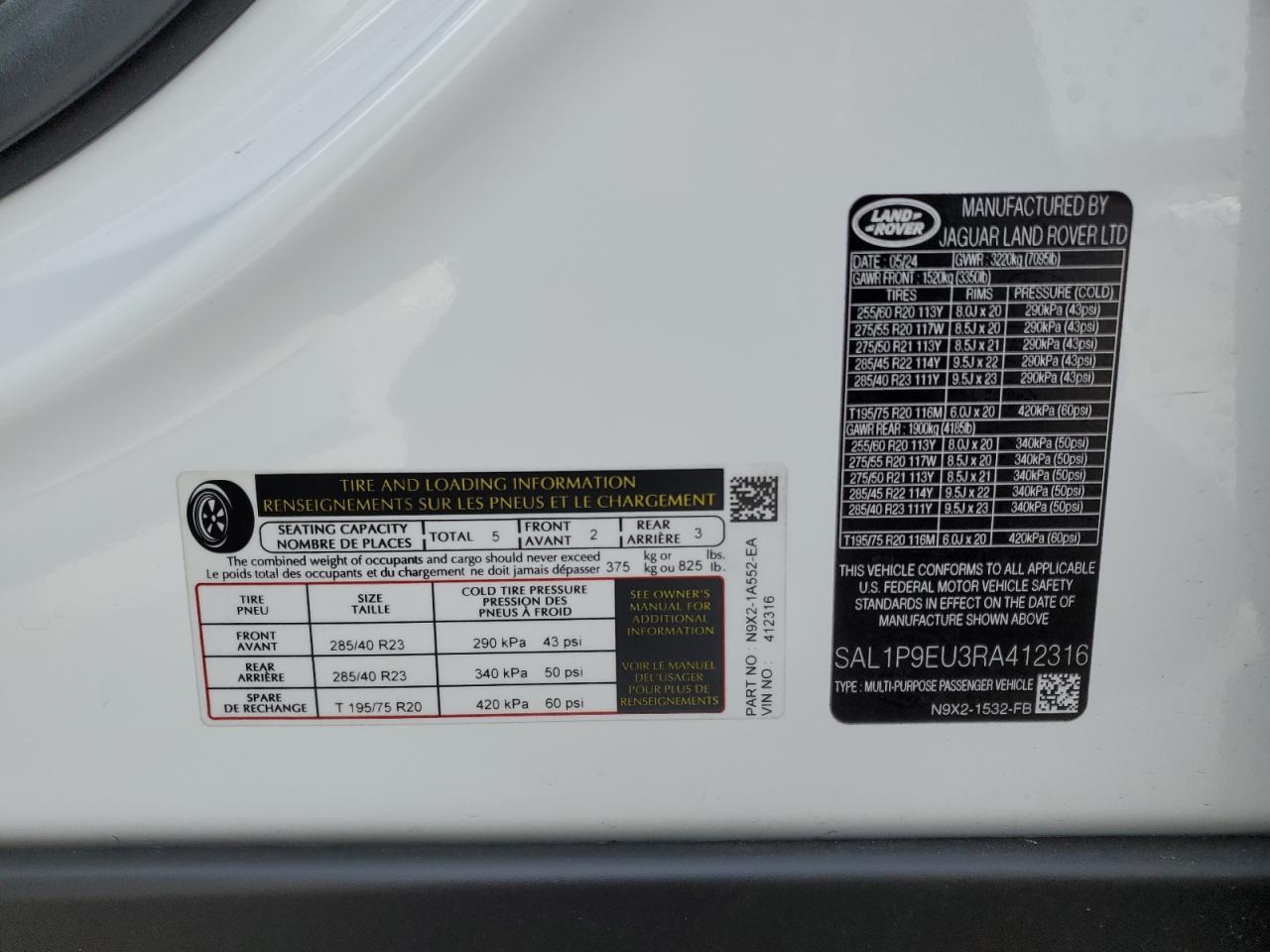 2024 LAND ROVER RANGE ROVER SPORT SE VIN:SAL1P9EU3RA412316