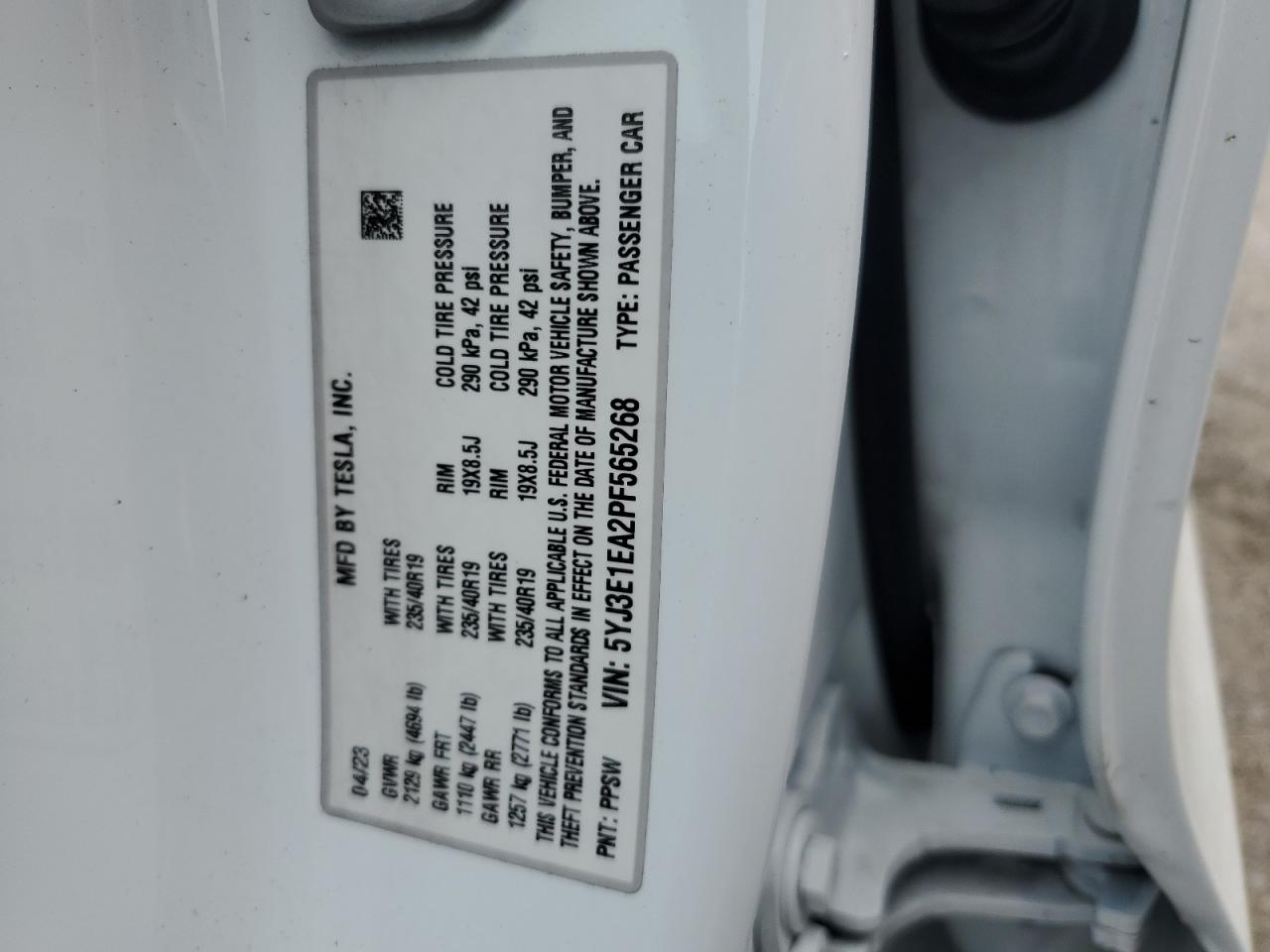 2023 TESLA MODEL 3 VIN:5YJ3E1EA2PF565268