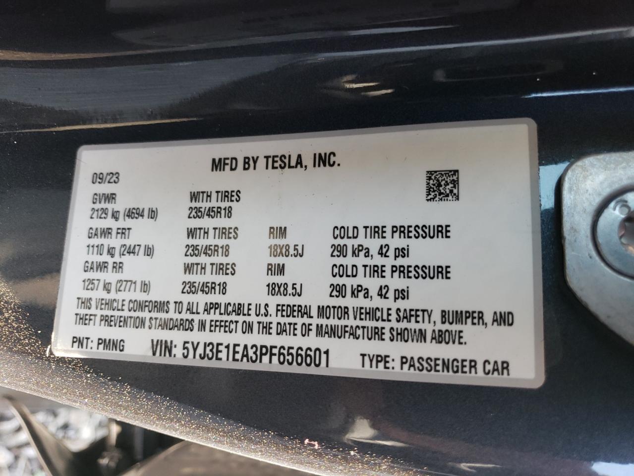 2023 TESLA MODEL 3 VIN:5YJ3E1EA3PF656601