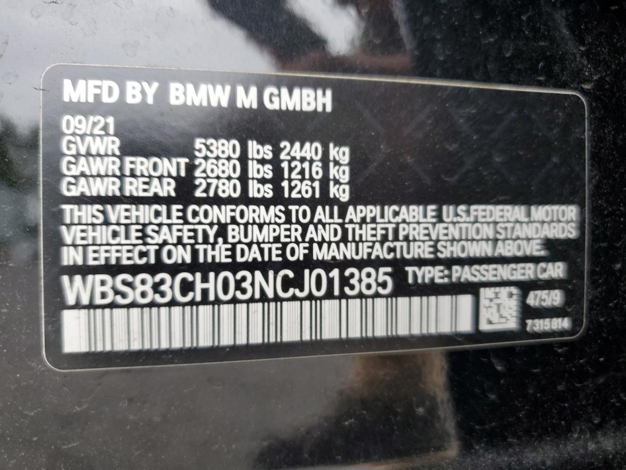 2022 BMW M5 VIN:WBS83CH03NCJ01385
