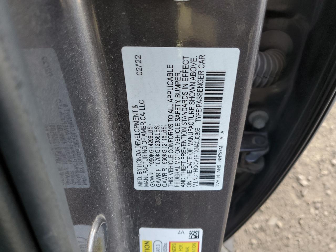 2022 HONDA ACCORD LX VIN:1HGCV1F1XNA030856