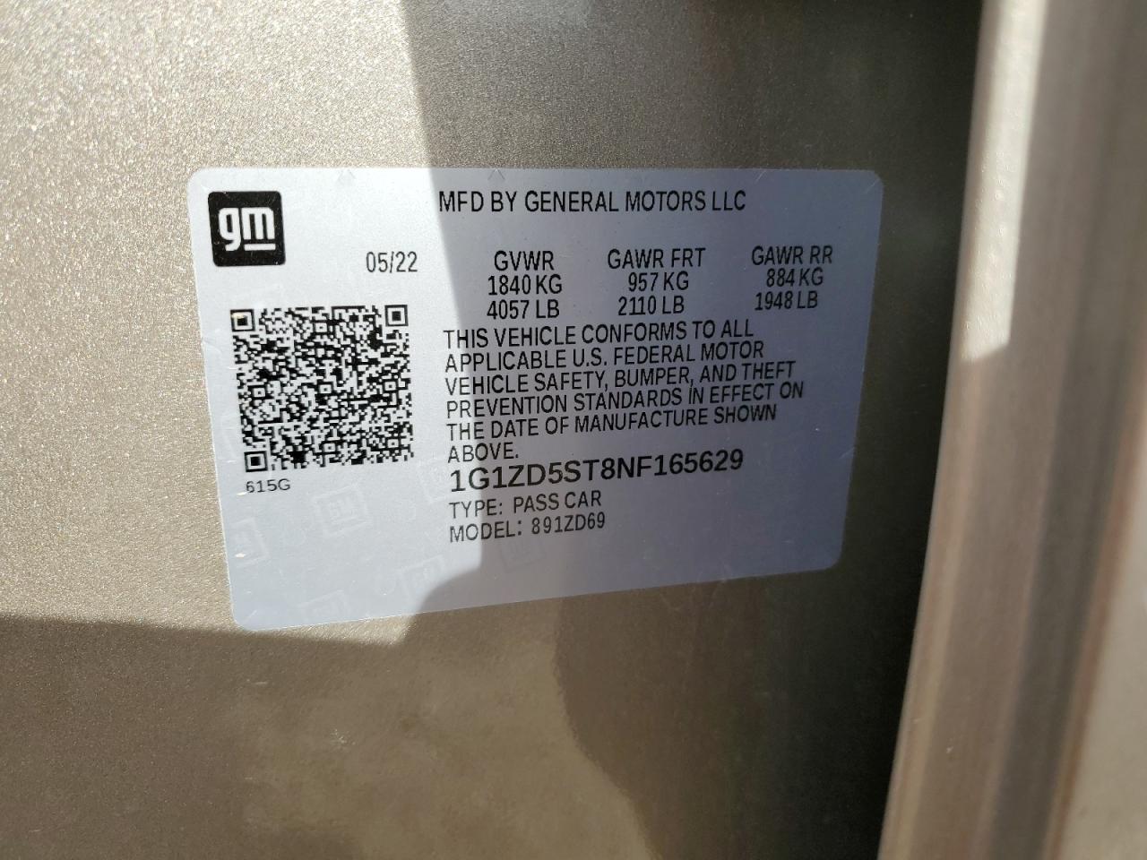 2022 CHEVROLET MALIBU LT VIN:1G1ZD5ST8NF165629